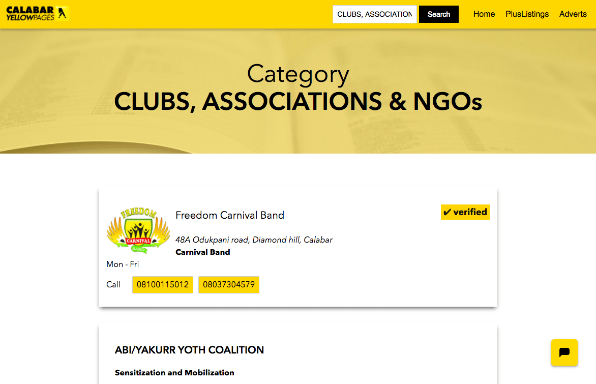 Calabar Yellow Pages Search Results page